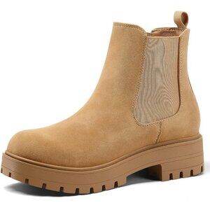 Women Light Brown Chelsea Low Chunky Heel Slip On Lug Sole Elastic Ankle Booties